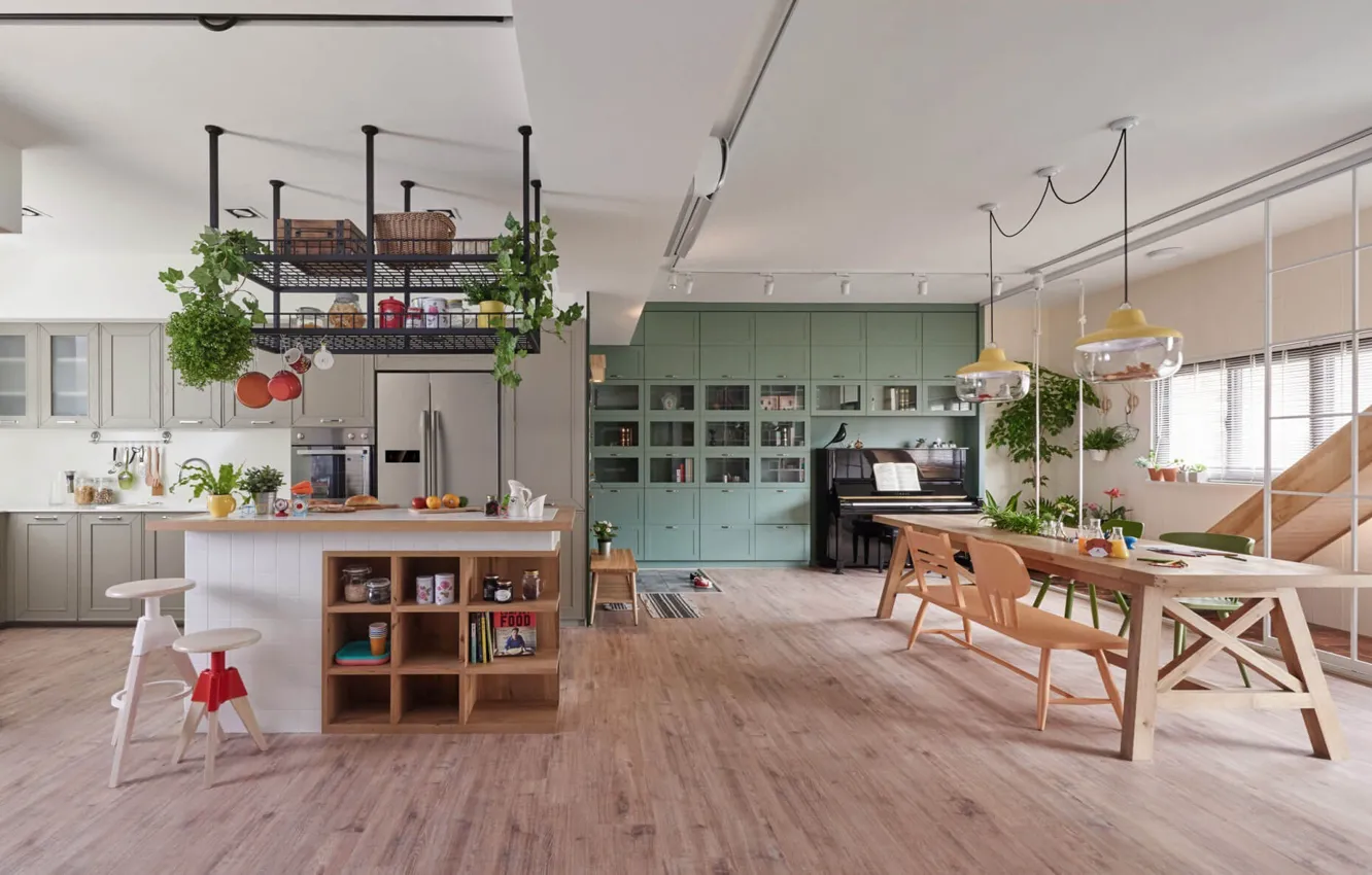 Photo wallpaper interior, piano, kitchen, dining room, dining area, Home in Kaohsiung City, by HAO Design