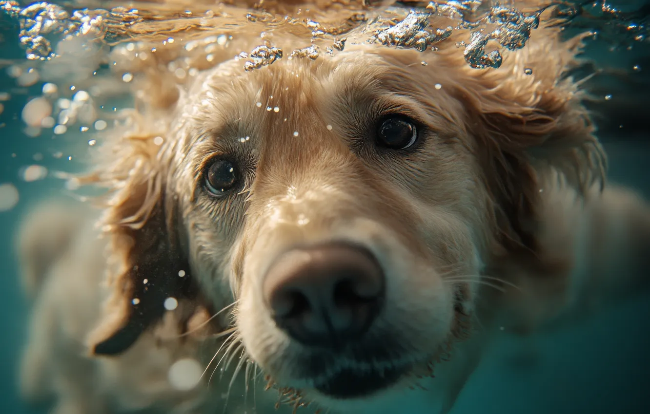 Photo wallpaper look, water, dog, bathing, puppy, face, under water, in the water