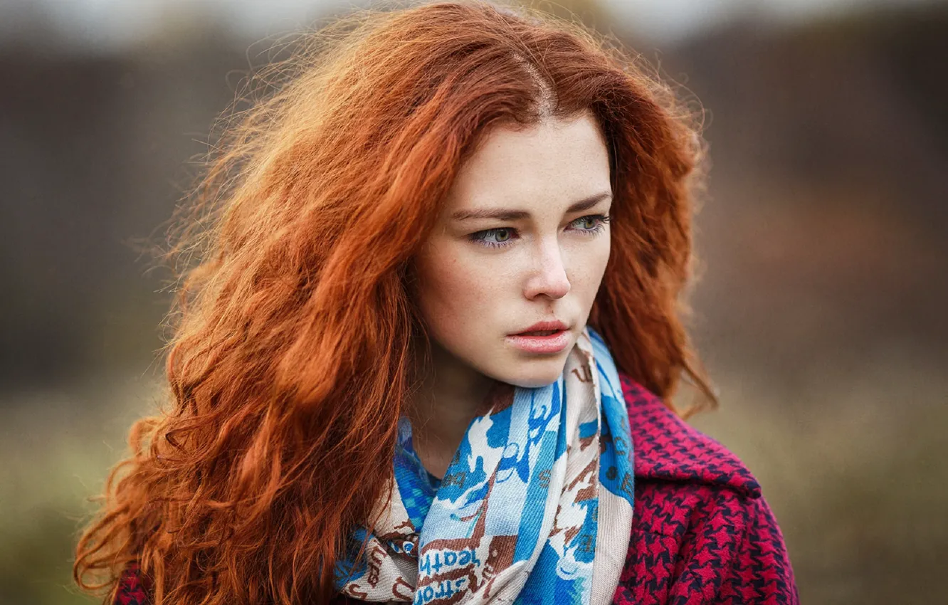 Photo wallpaper look, girl, face, scarf, red, Ivan Warhammer