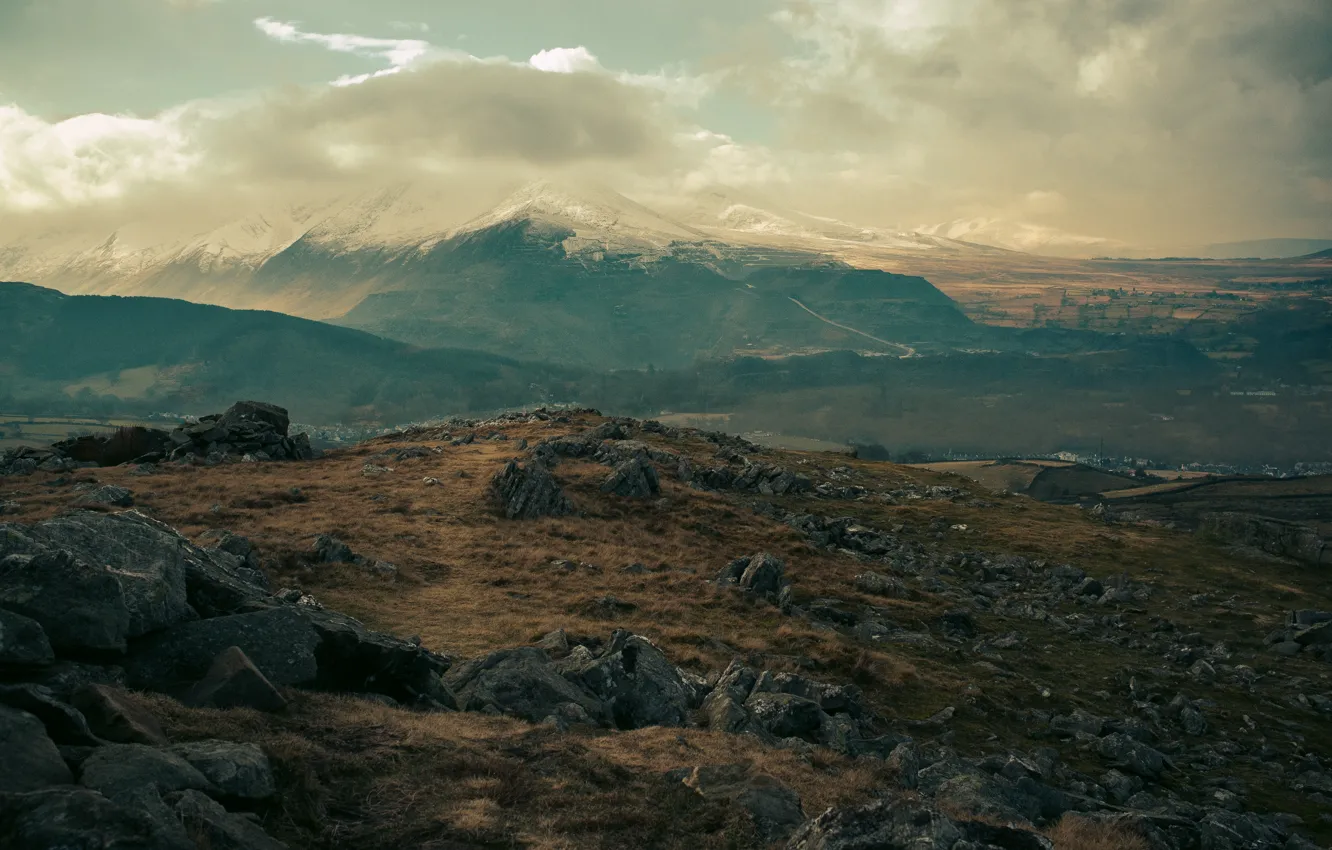 Photo wallpaper the sky, grass, clouds, snow, mountains, stones, home