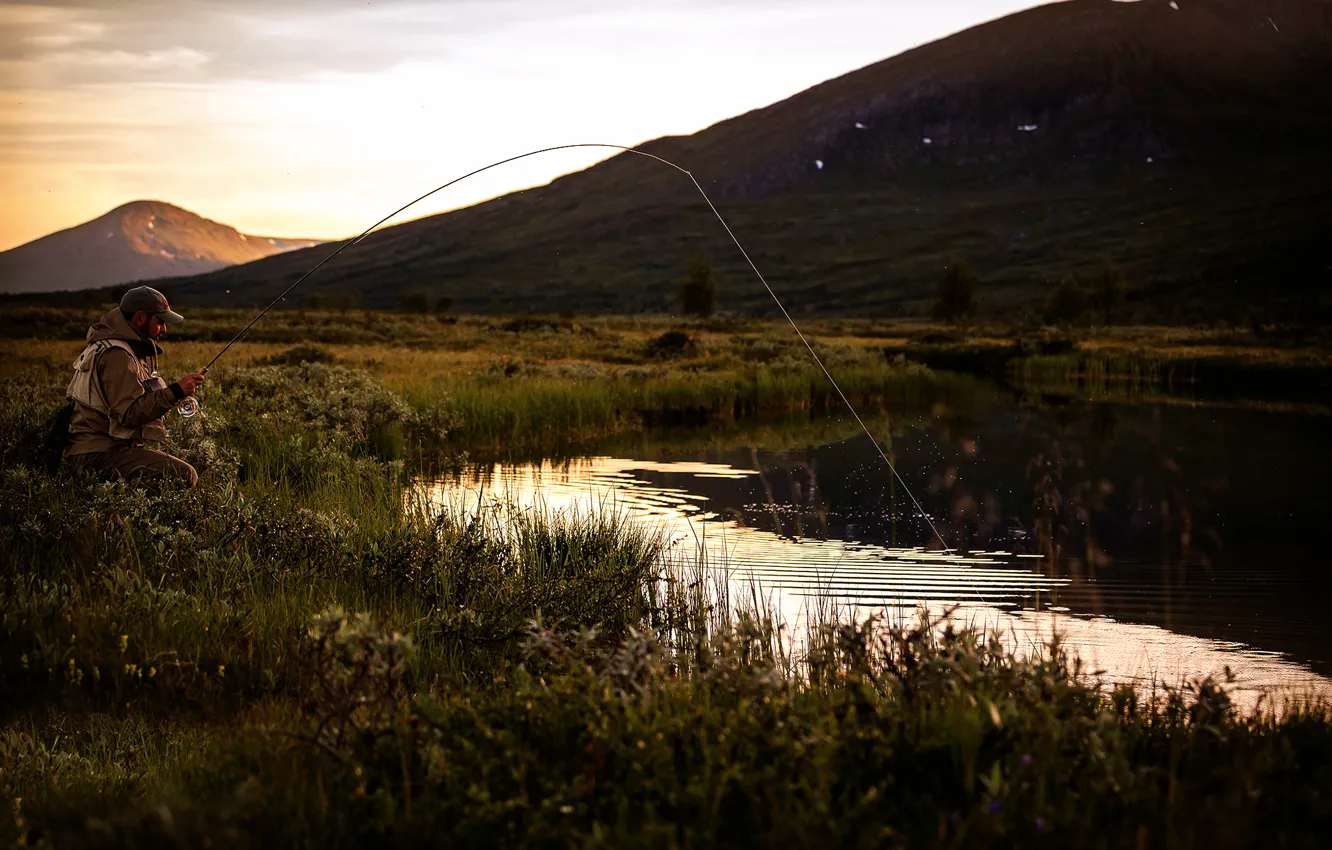 Photo wallpaper nature, fisherman, rod, Laponia Nights