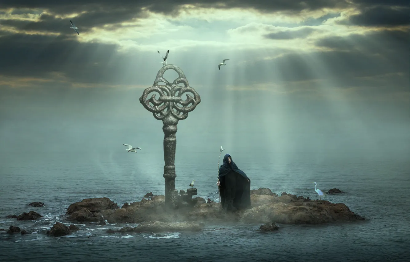 Photo wallpaper fog, cross, male, The Witcher, pond, Tracy Lundgren