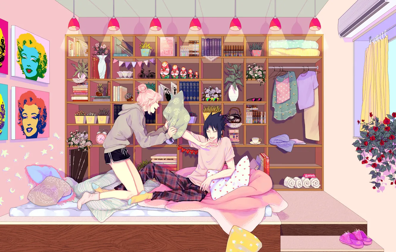 Photo wallpaper room, morning, shelf, Naruto, Naruto, Sasuke Uchiha, Sakura Haruno