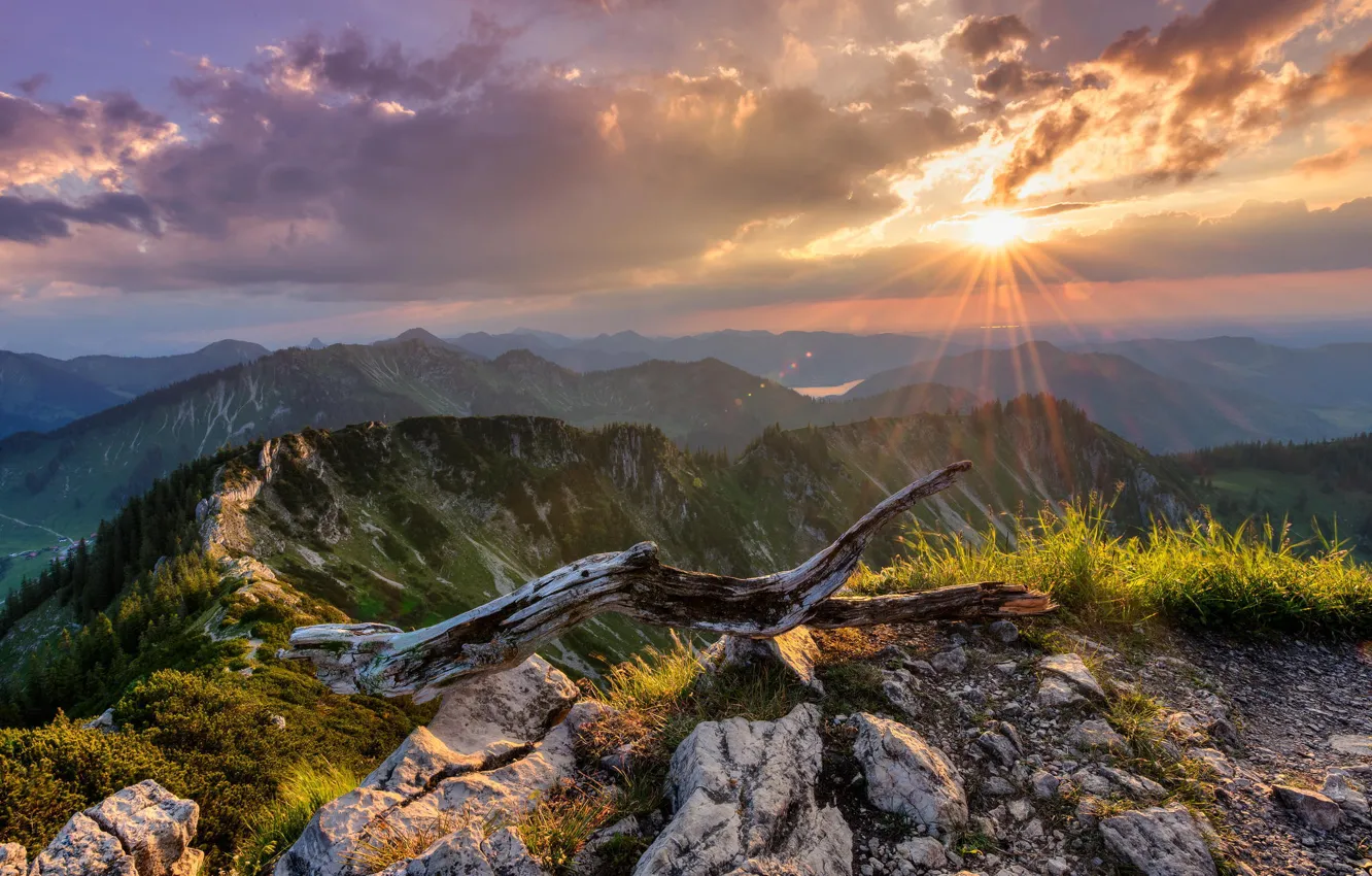 Photo wallpaper the sun, landscape, mountains, nature, panorama
