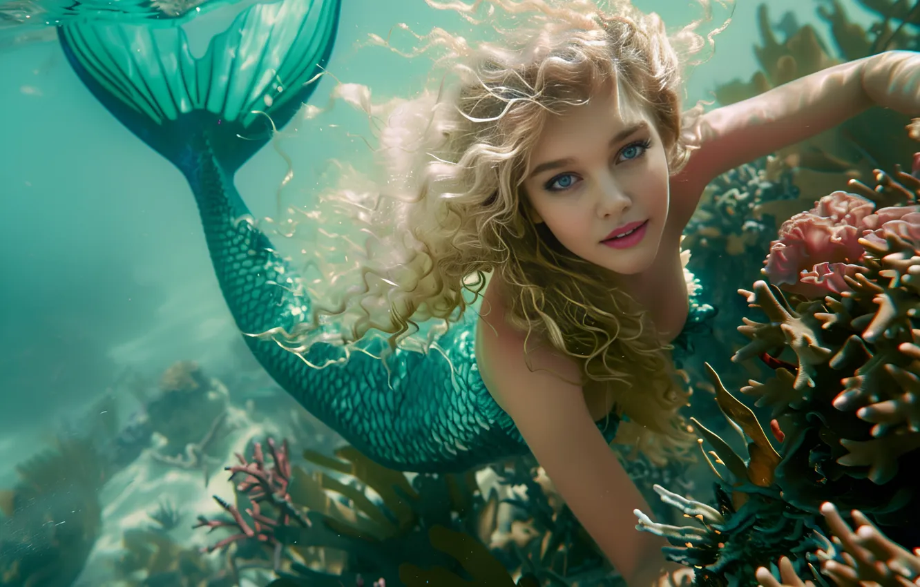 Photo wallpaper look, girl, hair, mermaid, corals, tail, underwater world, digital art
