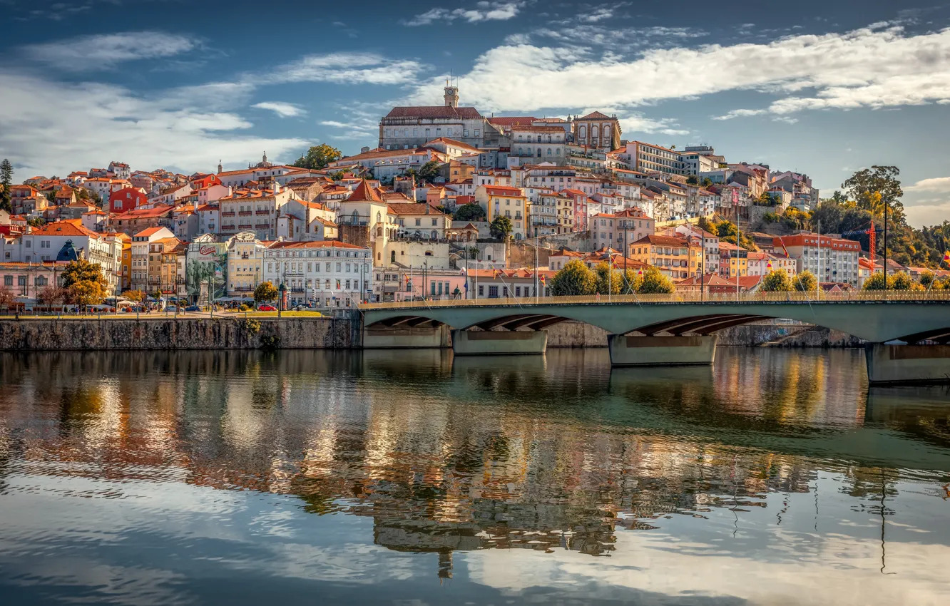 Photo wallpaper bridge, the city, river, home, hill, Portugal, Coimbra, Alexander the Silent