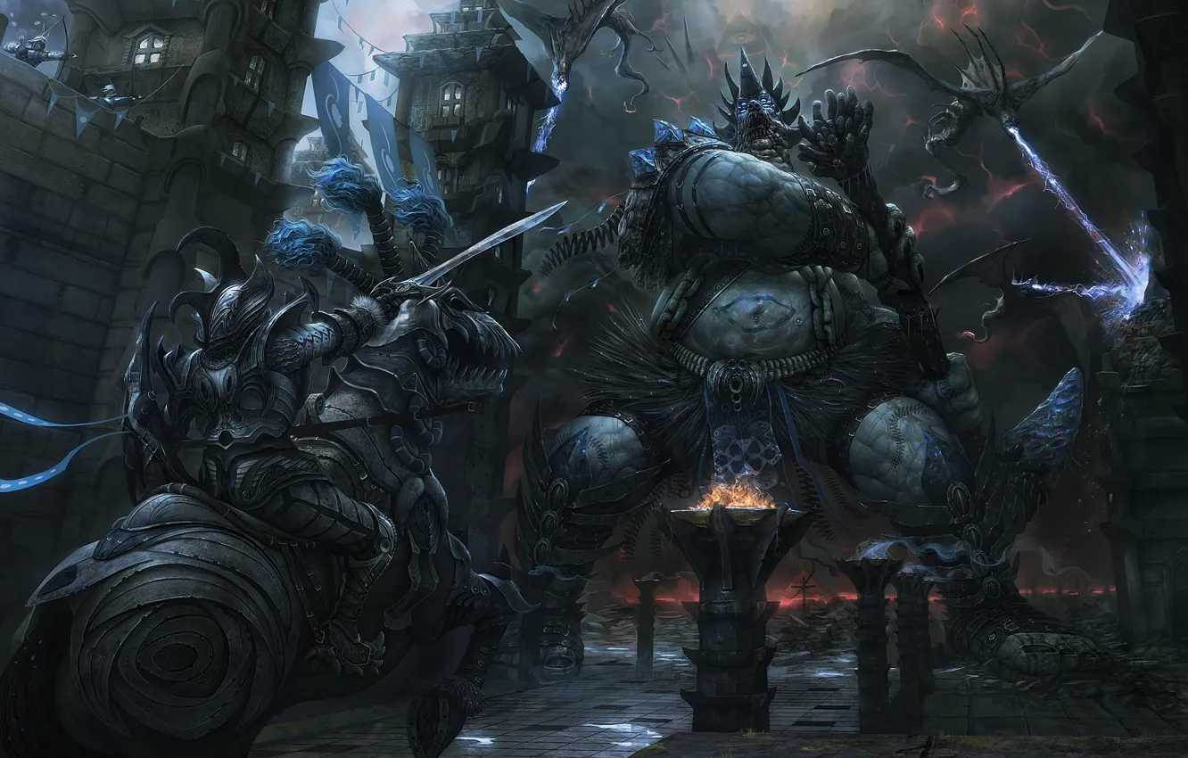 Photo wallpaper castle, horse, dragon, monster, art, giant, rider, battle