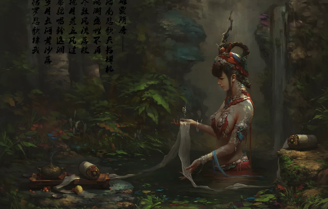 Photo wallpaper decoration, stream, waterfall, ritual, hairstyle, characters, priestess, art