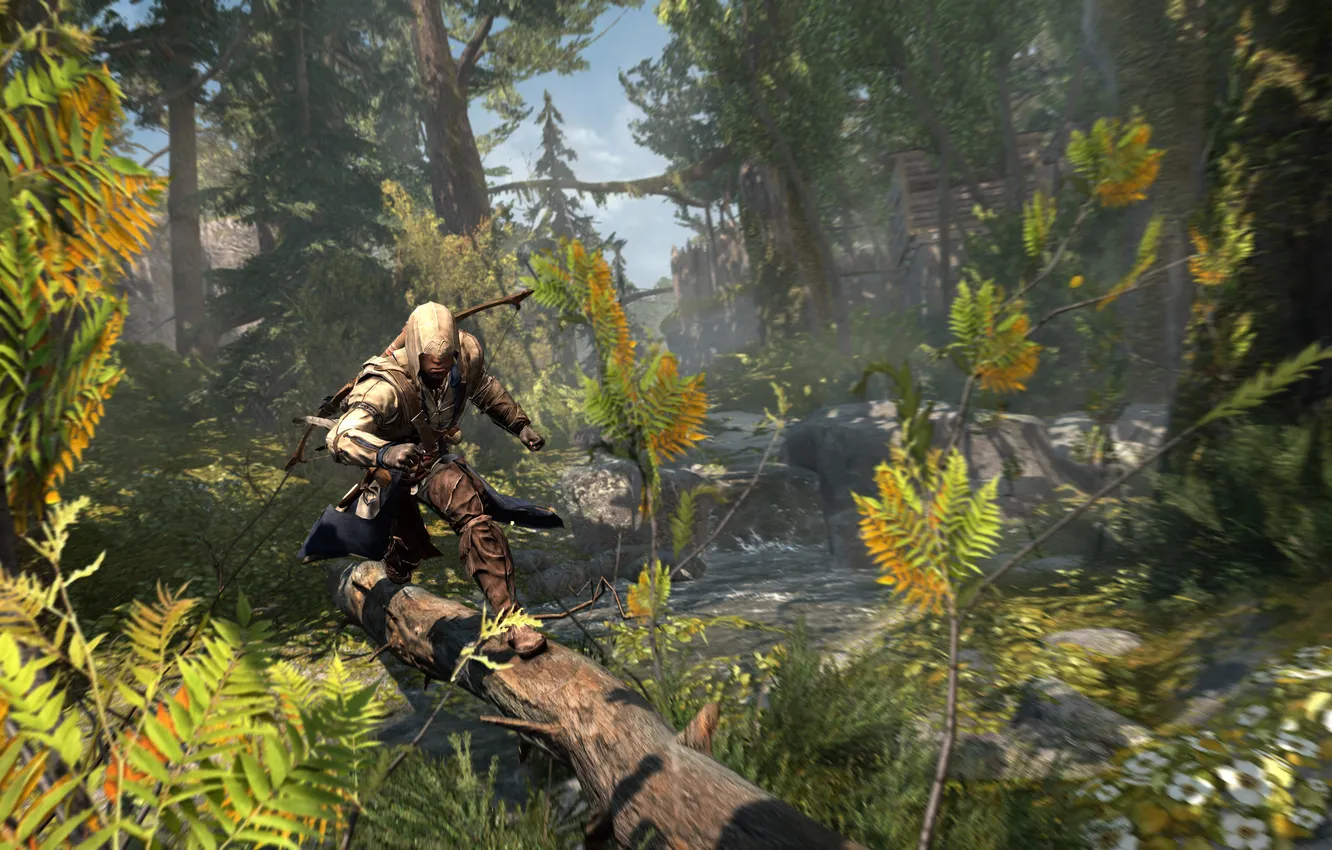 Photo wallpaper forest, runs, Connor, Assassin’s Creed III, AC III Frontier Log Run