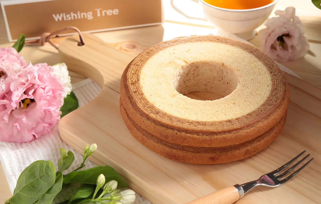 Photo wallpaper flowers, tea, Board, pie, plug, cakes, box