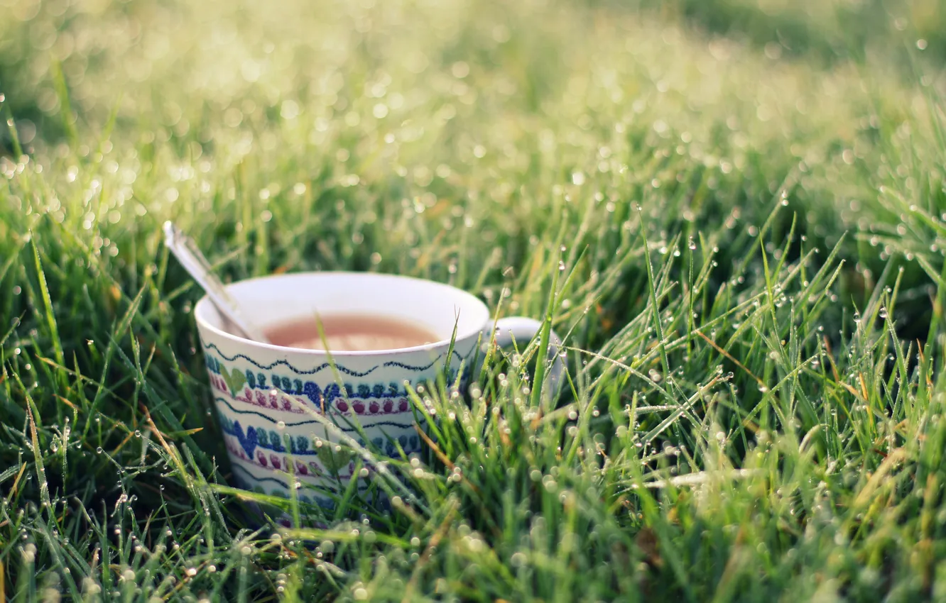 Photo wallpaper grass, drops, tea, spoon, mug