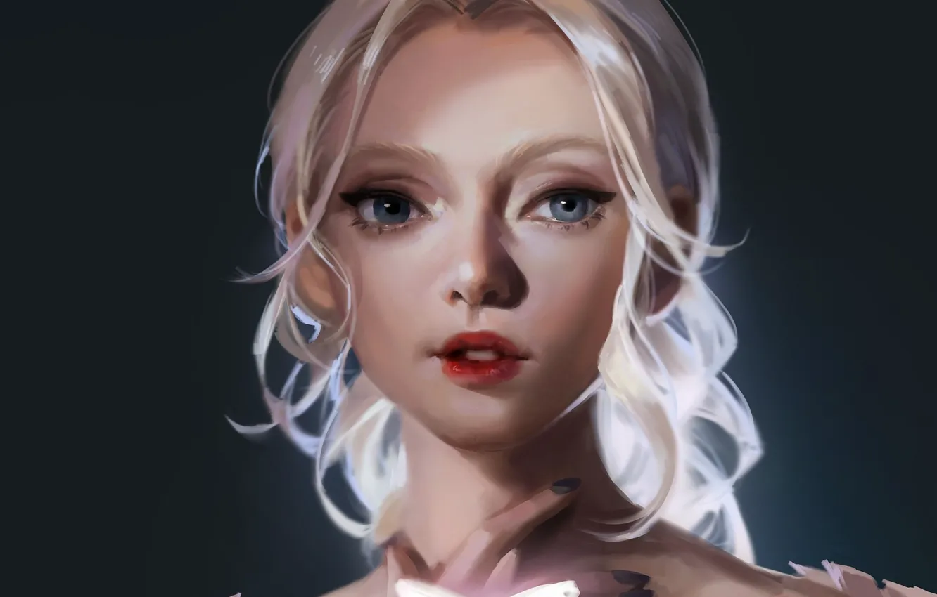 Photo wallpaper butterfly, hands, blue eyes, grey background, white hair, portrait of a girl, by June Cheung