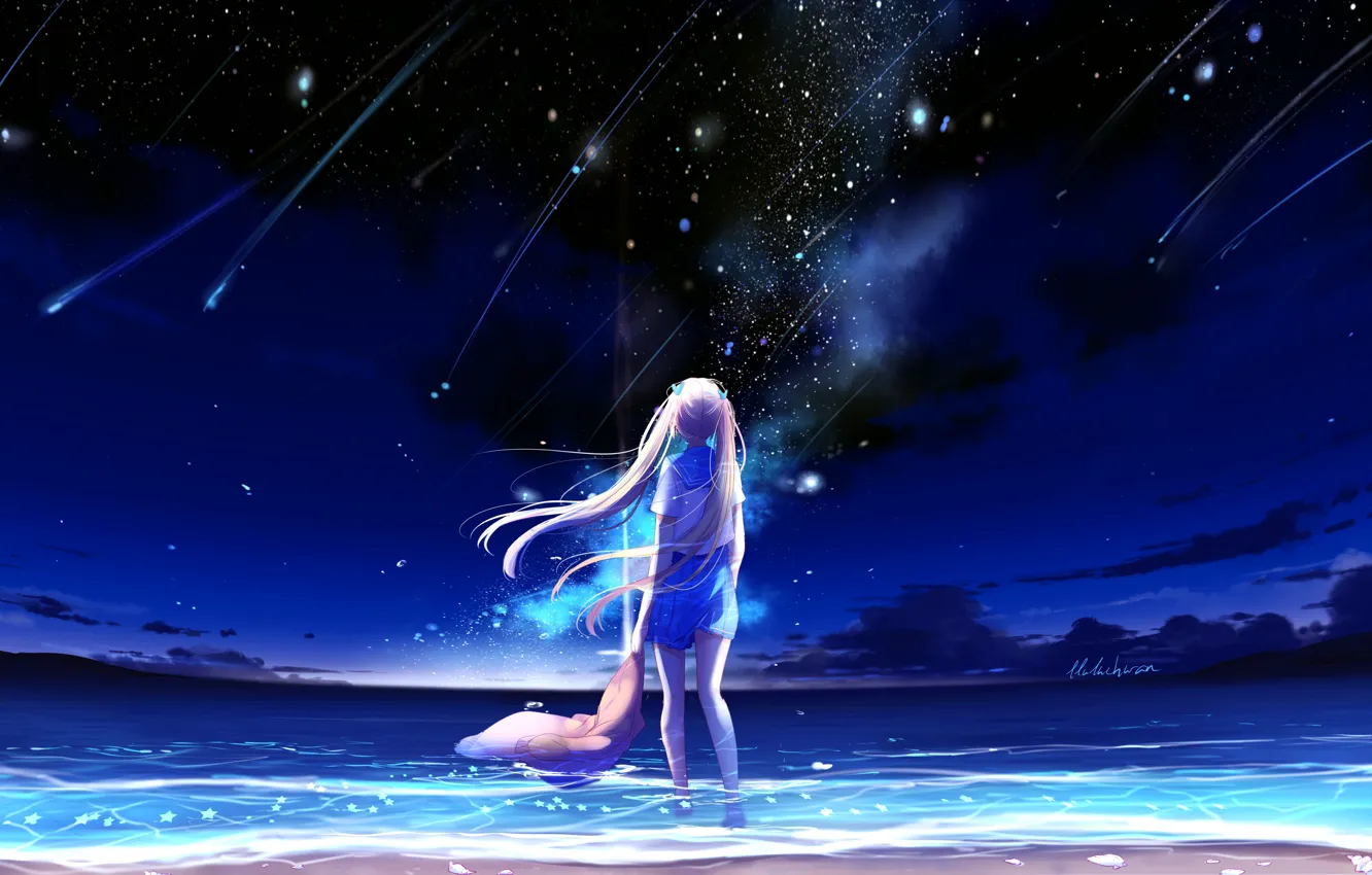 Photo wallpaper sea, the sky, night, schoolgirl, shooting stars, by lluluchwan