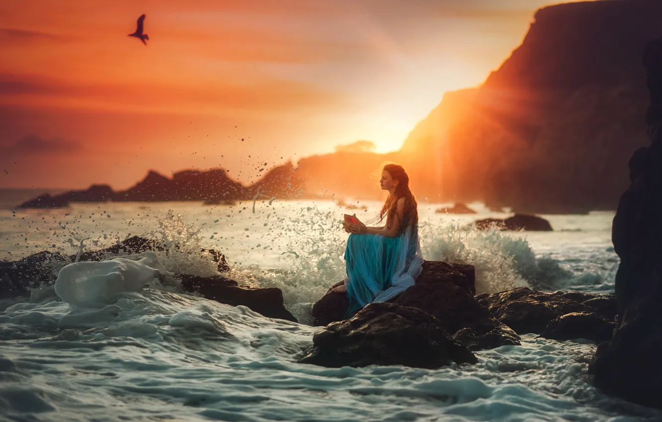 Photo wallpaper sea, wave, stones, girl, Edie Layland
