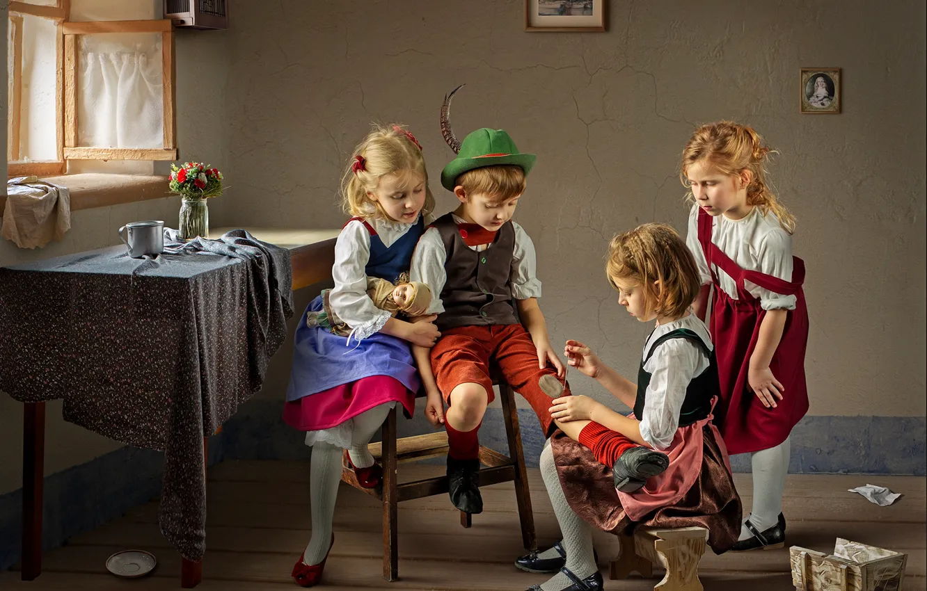 Photo wallpaper children, table, room, girls, boy, window, Dmitry Usanin, the patch