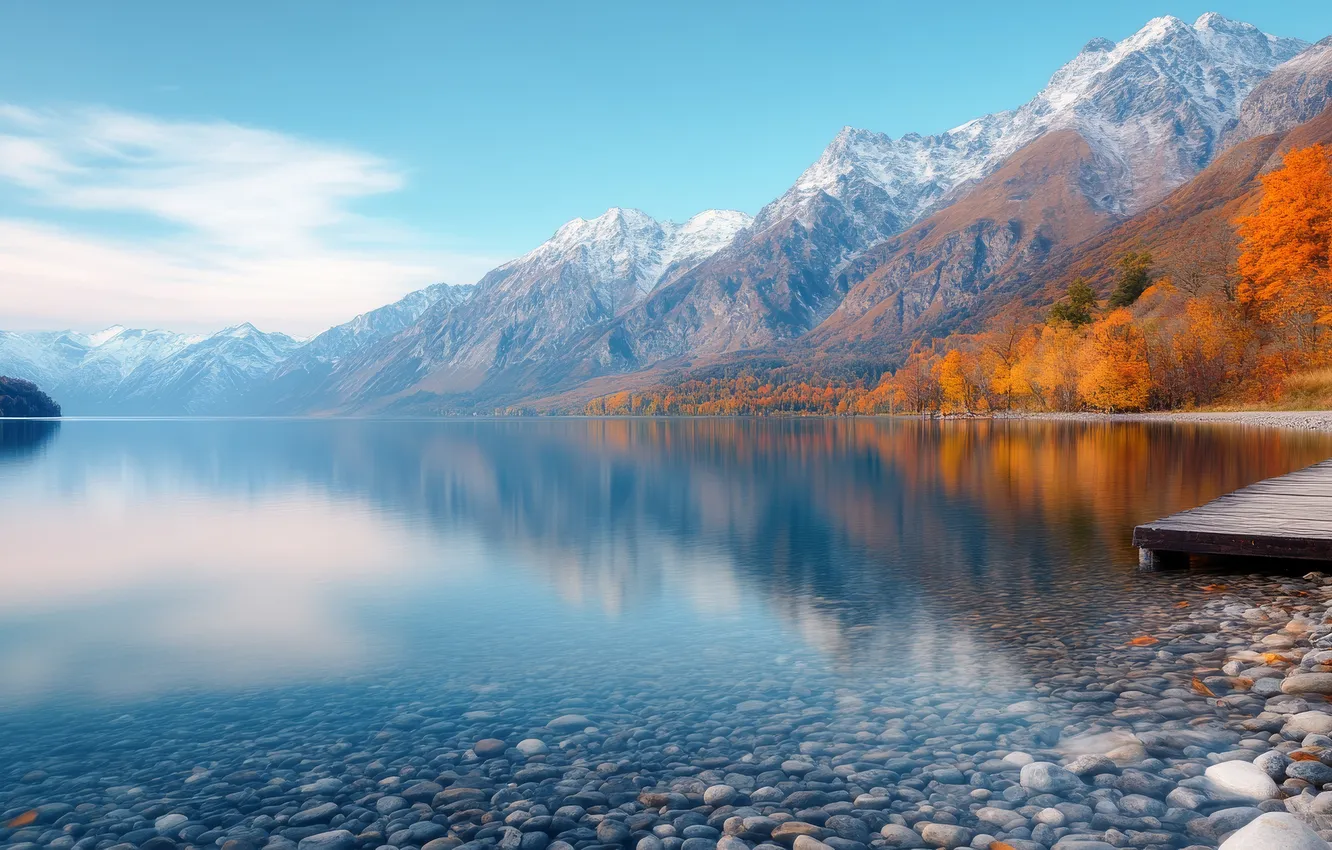 Photo wallpaper autumn, forest, the sky, clouds, landscape, mountains, nature, pebbles