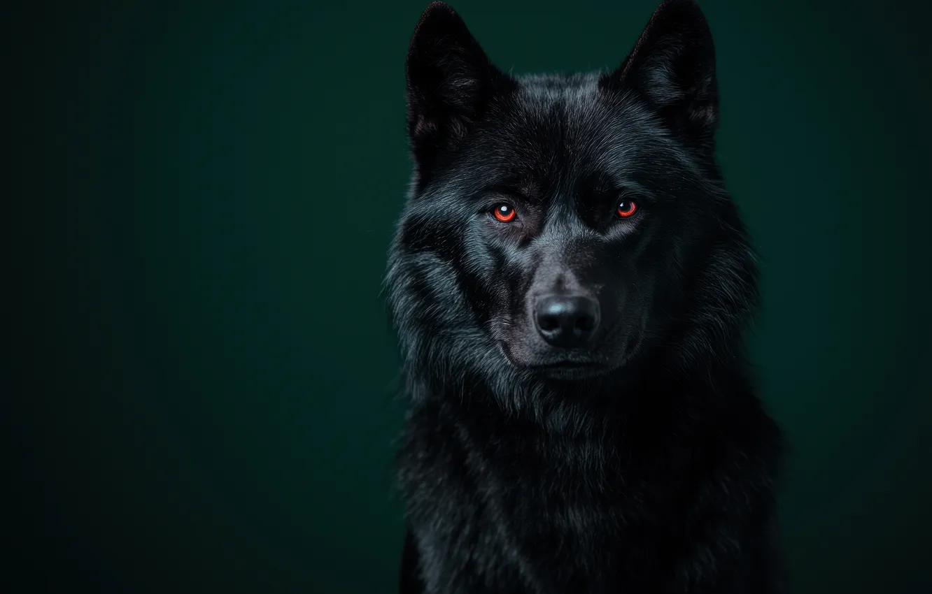 Photo wallpaper look, face, the dark background, black, wolf, portrait, red eyes, AI art