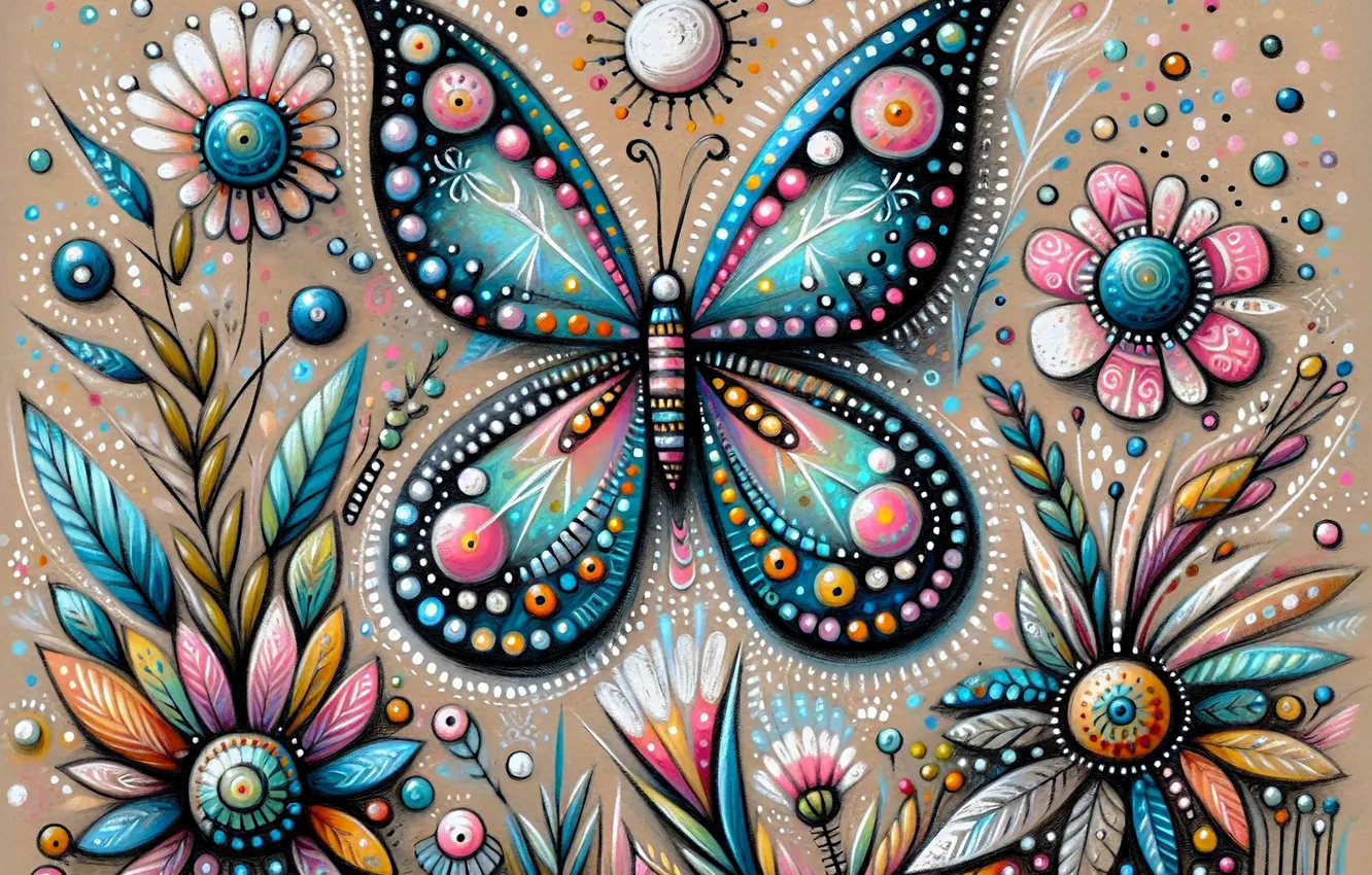 Photo wallpaper flowers, pattern, butterfly, styling, ornament, AI art, neural network