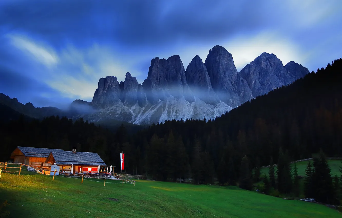 Photo wallpaper landscape, mountains, night, nature, home, Italy, forest, meadows
