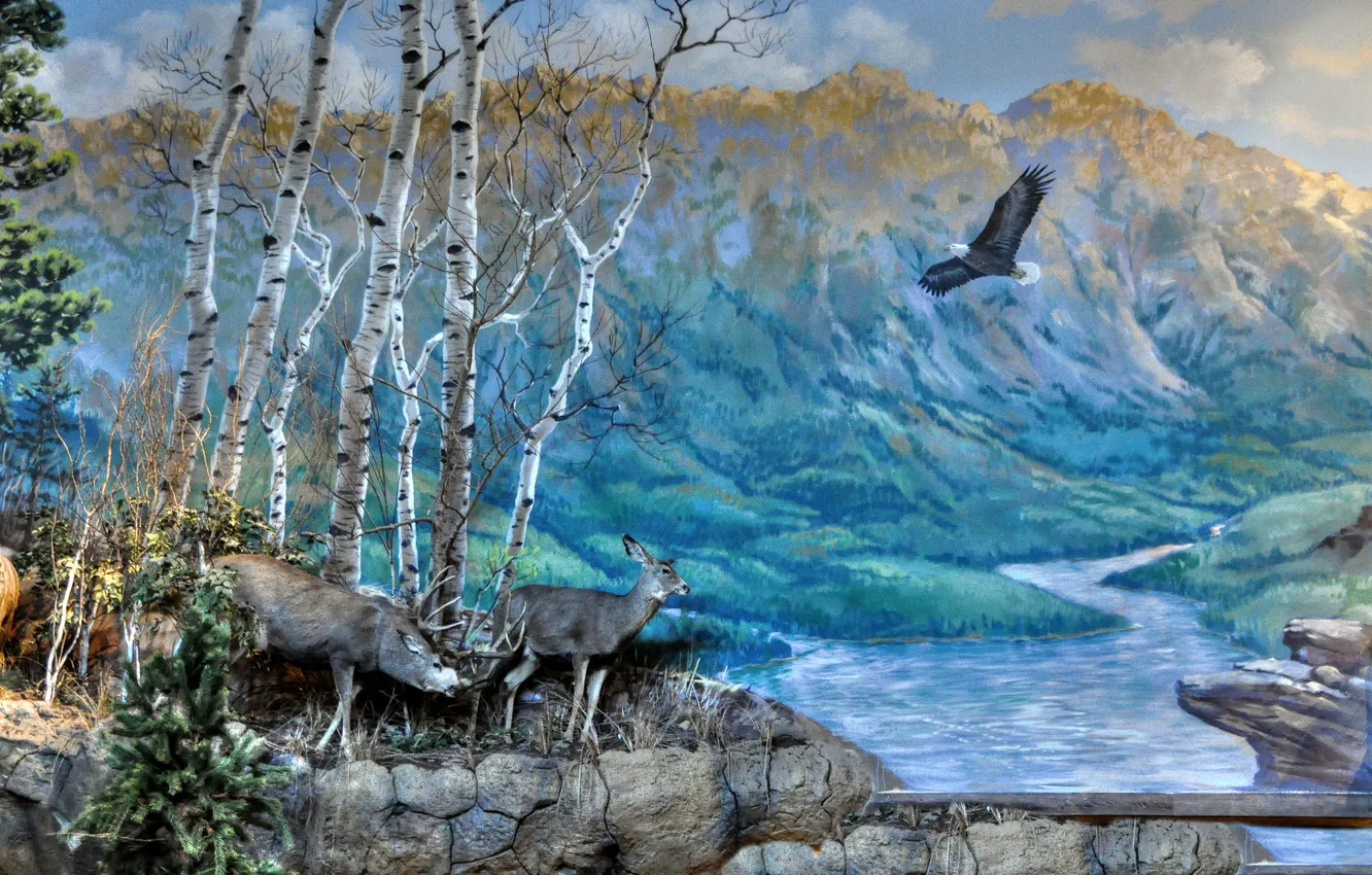 Photo wallpaper landscape, mountains, nature, river, bird, picture, deer