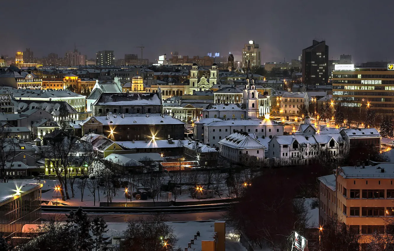 Photo wallpaper winter, night, lights, river, old town, Belarus, Minsk, Belarus