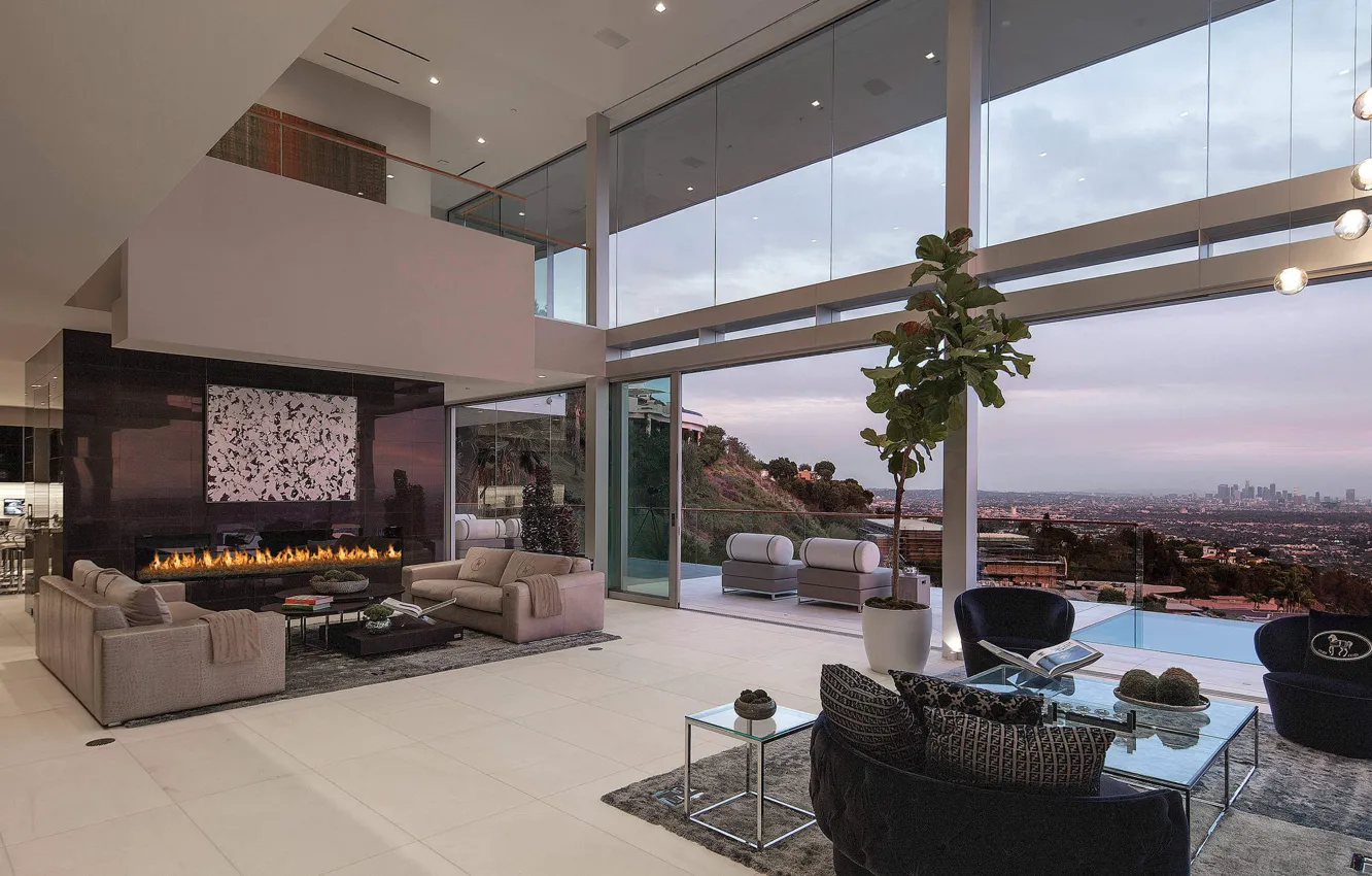 Photo wallpaper Villa, interior, fireplace, terrace, living space, Oriole Way, by McClean Design