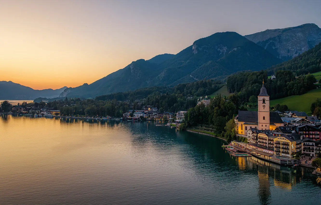 Photo wallpaper sunset, mountains, lake, building, home, Austria, Church, Austria