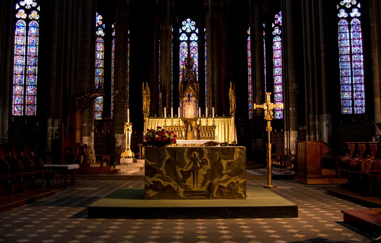 Photo wallpaper mosaic, Gothic, France, interior, candles, stained glass, Cathedral, architecture