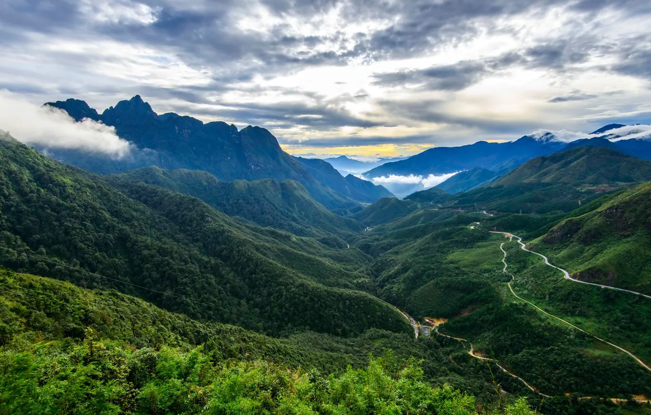 Photo wallpaper road, greens, forest, clouds, trees, mountains, valley, Vietnam