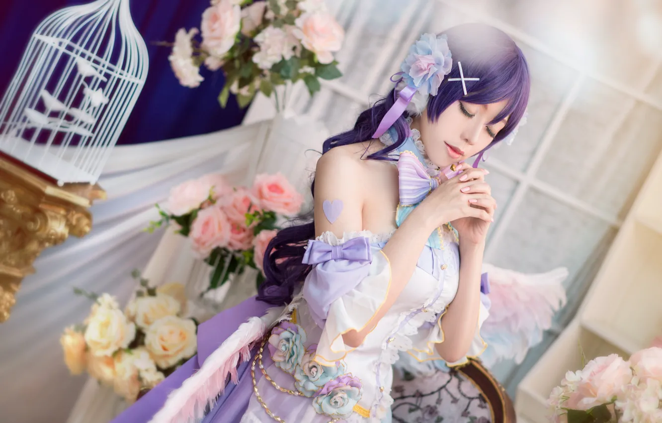 Photo wallpaper look, girl, flowers, face, pose, style, background, room