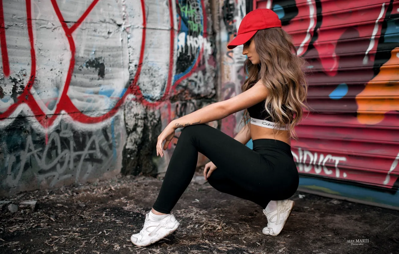 Photo wallpaper girl, pose, wall, graffiti, black, figure, slim, cap