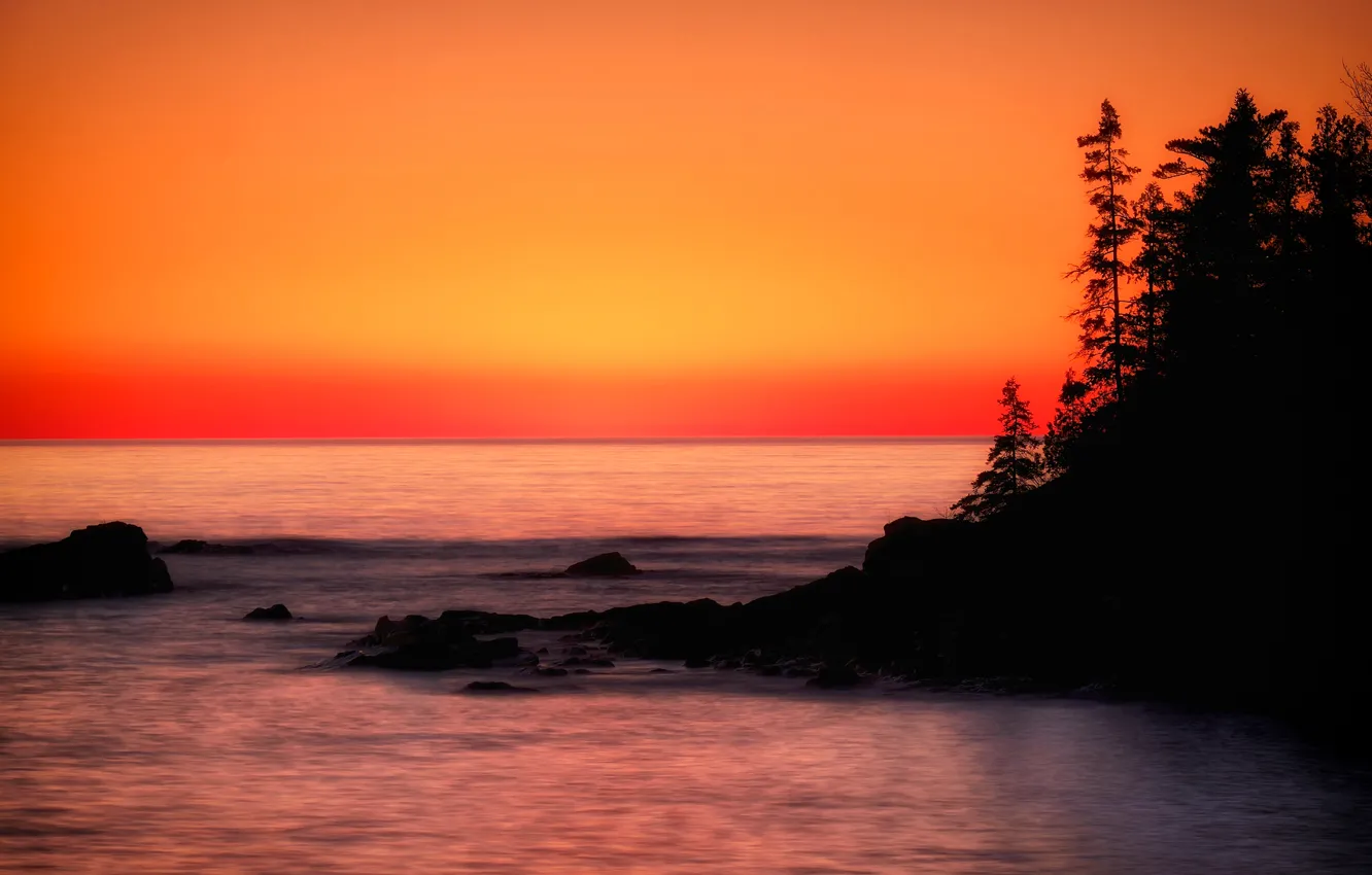 Photo wallpaper sea, trees, stones, rocks, Canada, glow, Ontario, The Algoma