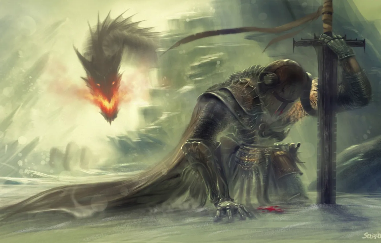 Photo wallpaper snow, lights, rocks, dragon, sword, armor, warrior, art