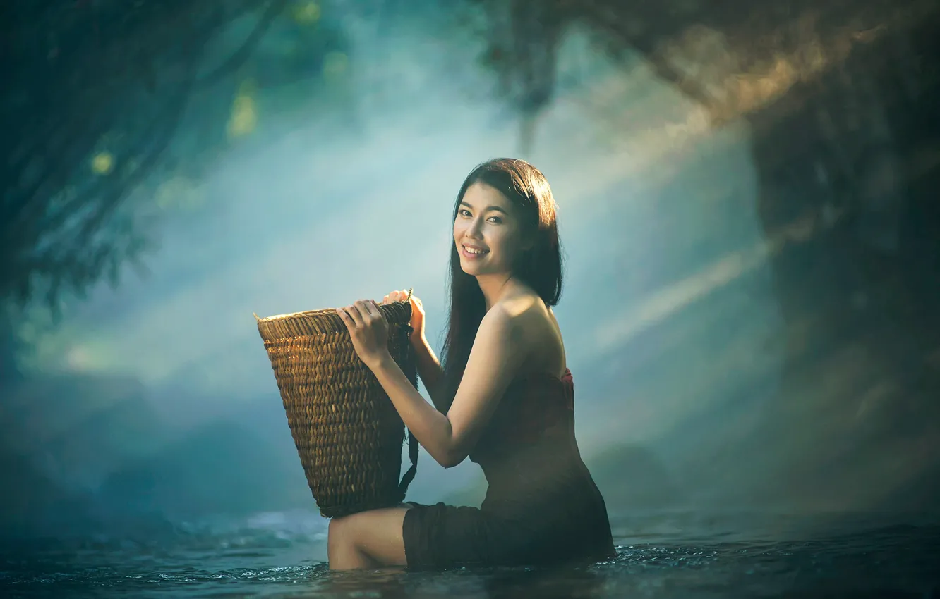 Photo wallpaper girl, smile, basket, in the water, Asian girl take a bath