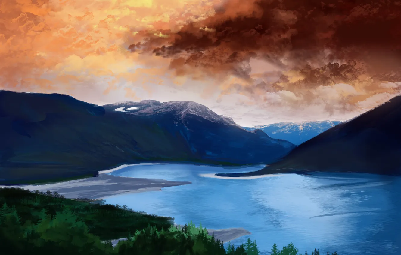 Photo wallpaper the sky, trees, landscape, mountains, art