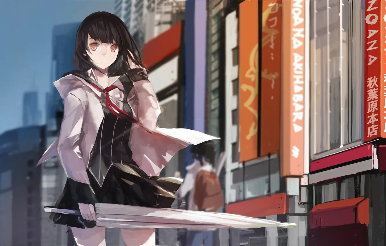 Photo wallpaper girl, the city, the wind, street, sword, art, swd3e2, akiba's trip
