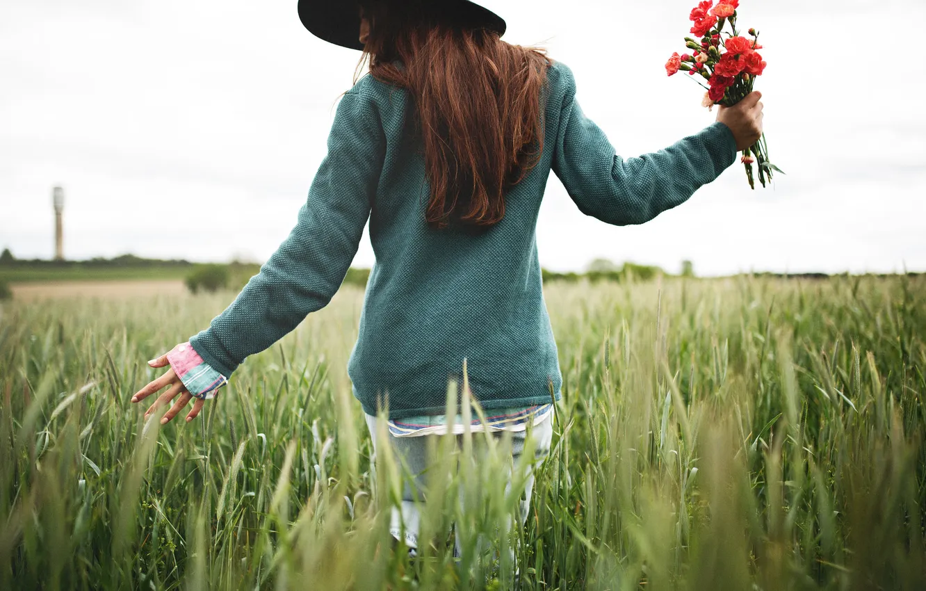 Photo wallpaper field, girl, flowers, hat, red