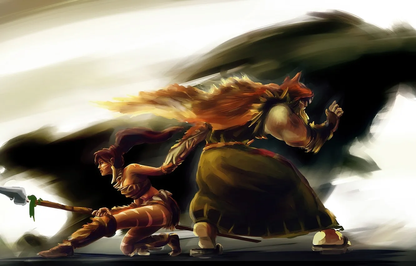 Photo wallpaper girl, animal, male, spear, League of Legends, Udyr, back to back, nidalee