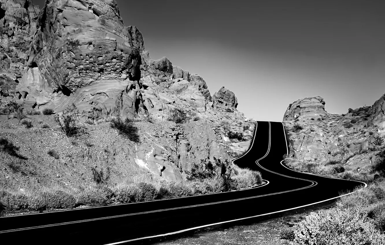 Photo wallpaper road, mountains, Wallpaper, track, b/W