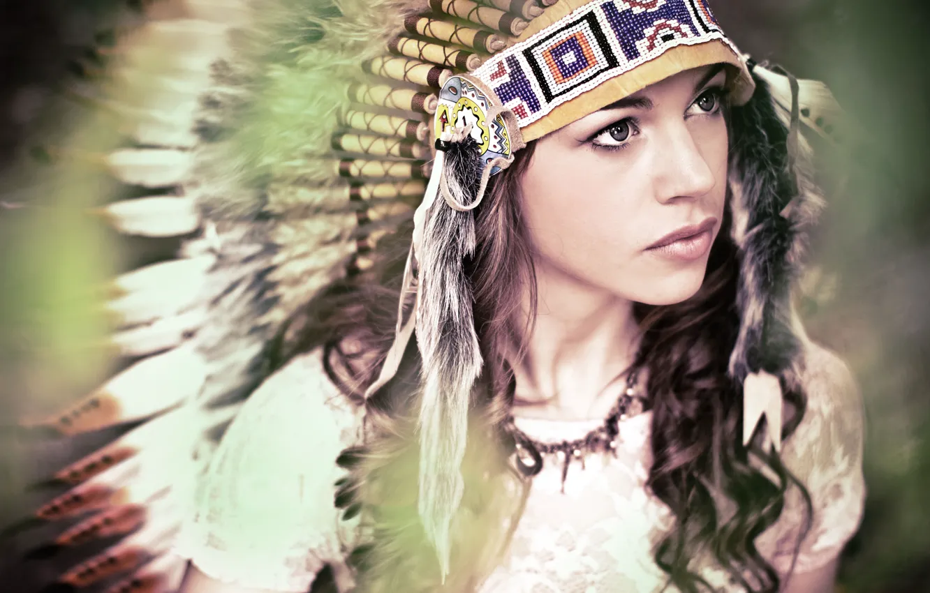 Photo wallpaper eyes, look, girl, face, feathers, headdress