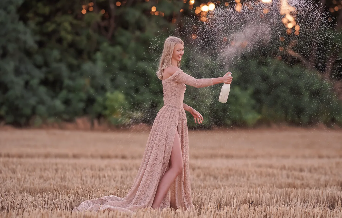 Photo wallpaper field, girl, squirt, model, the evening, blonde, champagne