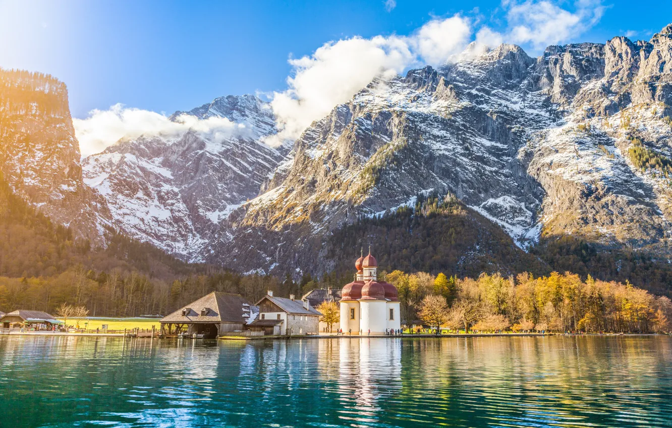 Photo wallpaper mountains, lake, snow, construction