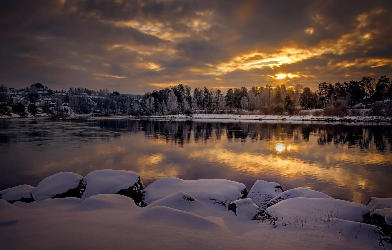 Photo wallpaper winter, snow, trees, landscape, sunset, nature, the city, lake