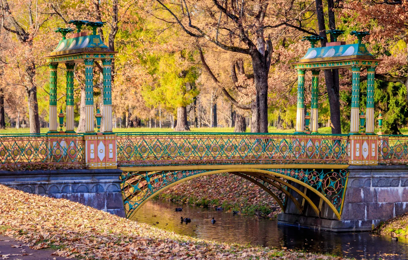 Photo wallpaper autumn, leaves, trees, bridge, Park, river, colorful, river