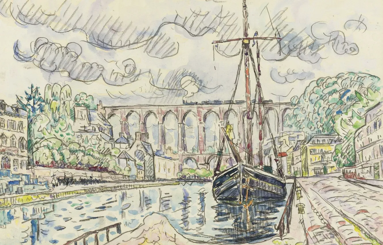 Photo wallpaper the city, figure, ship, port, watercolor, Paul Signac, Morlaix