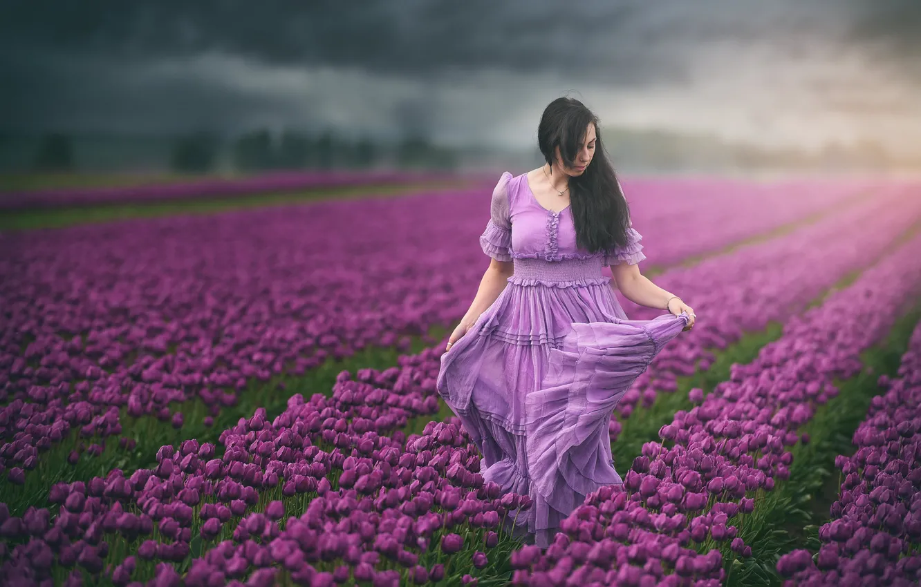 Photo wallpaper field, girl, dress, tulips, bokeh