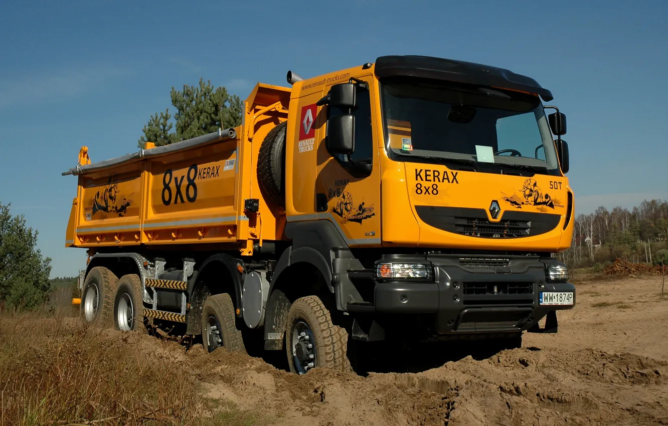 Photo wallpaper orange, earth, truck, Renault, 8x8, dump truck, four-axle, Renault Trucks