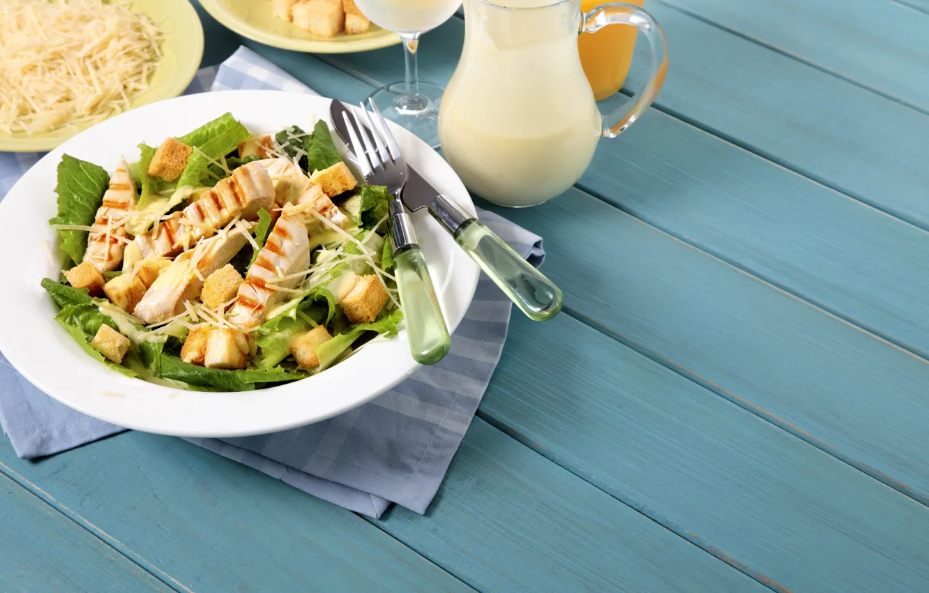 Photo wallpaper greens, cheese, meat, salad, crackers