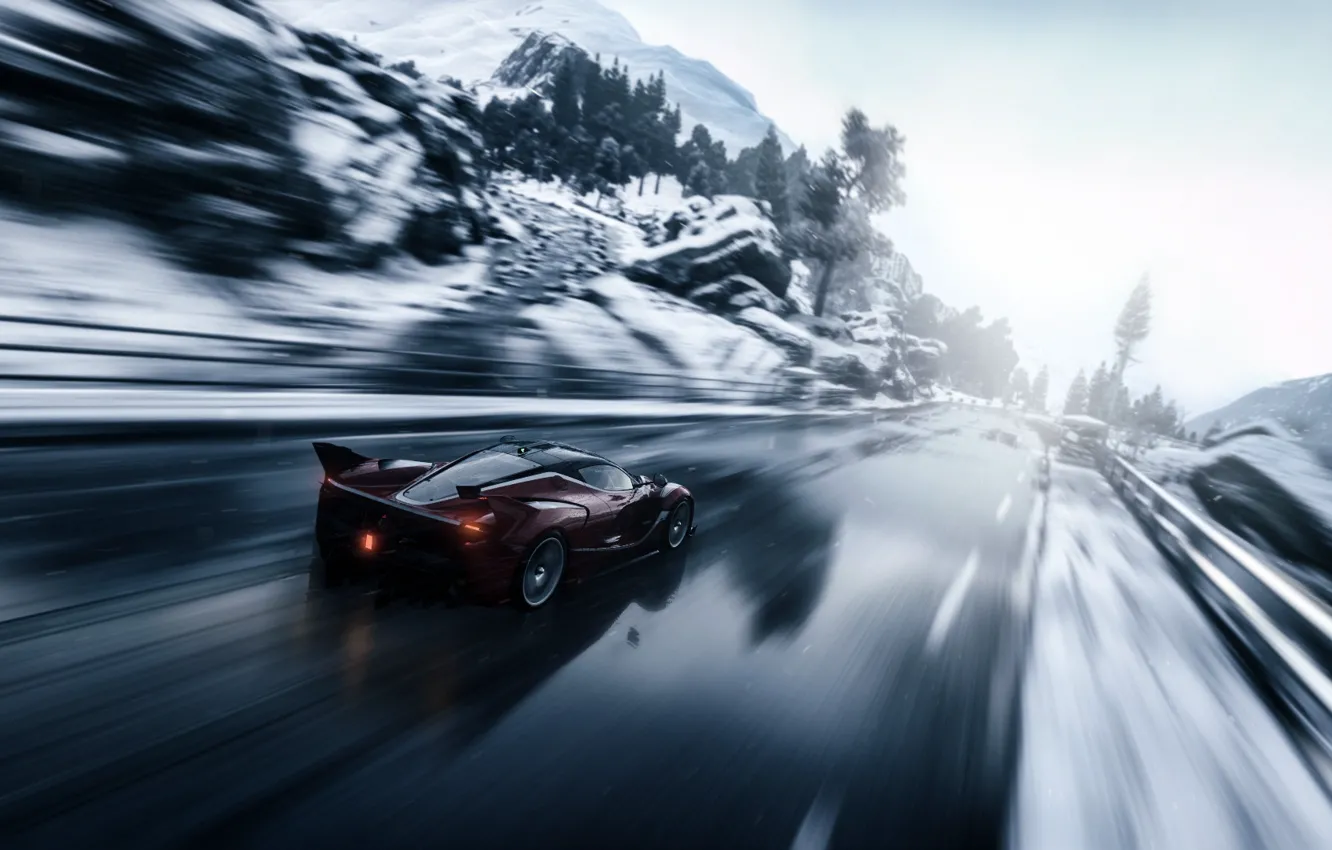Photo wallpaper winter, road, car, machine, auto, cherry, speed, car