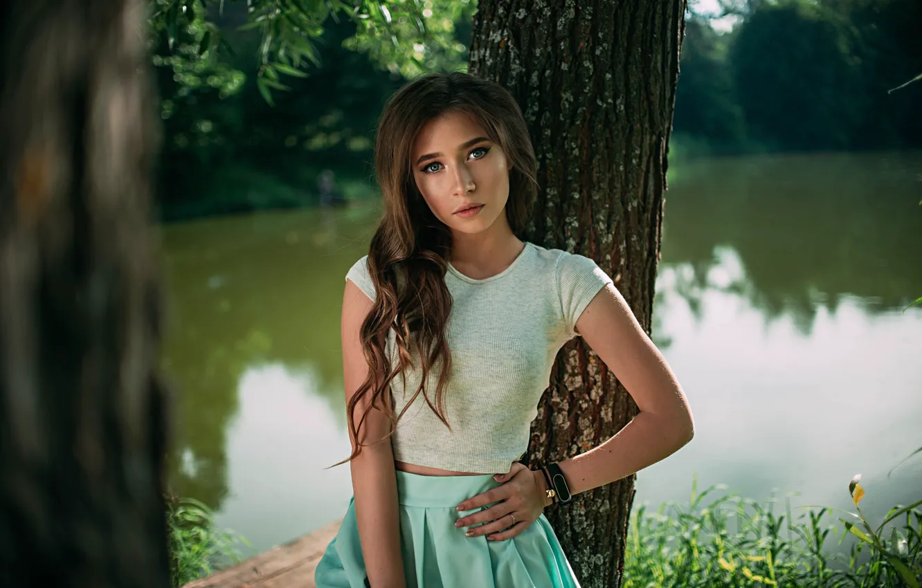 Photo wallpaper look, water, girl, trees, pose, skirt, hairstyle, Sasha Rusko